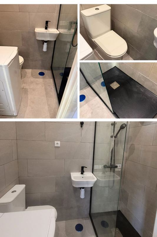 Reforma integral de baño con plato de ducha de pizarra y mampara de cristal en Madrid